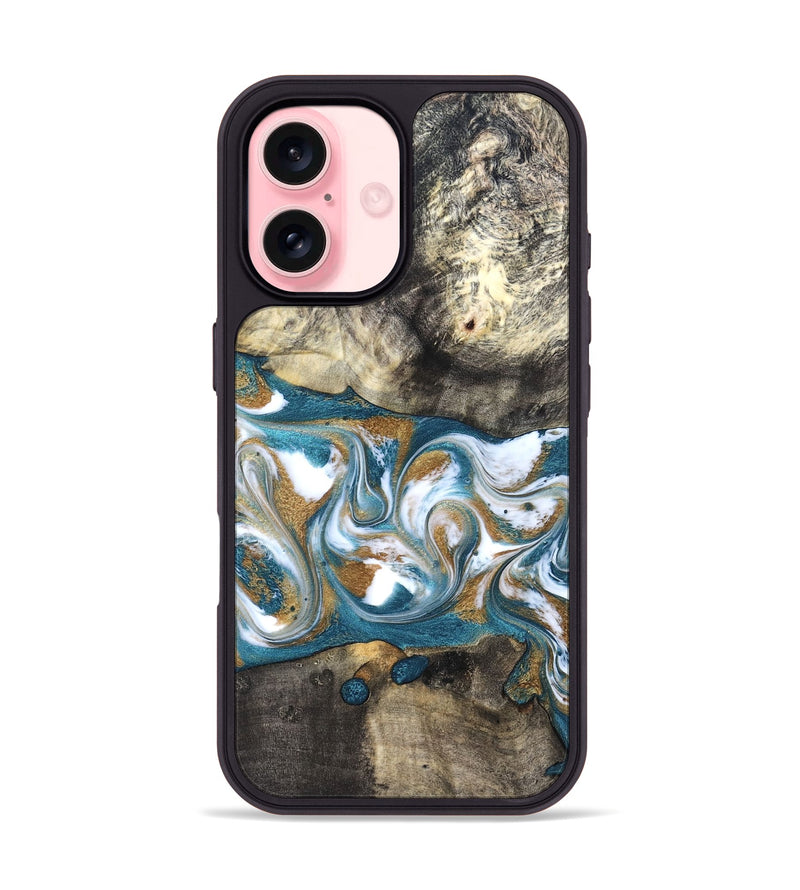 iPhone 16 Wood Phone Case - Harlow (Teal & Gold, 827324)