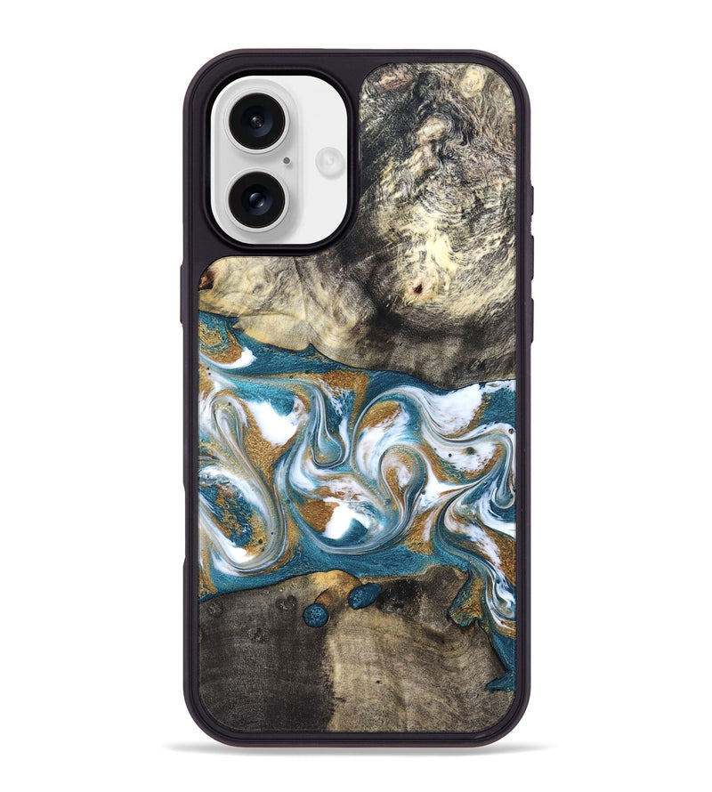 iPhone 16 Plus Wood Phone Case - Harlow (Teal & Gold, 827324)