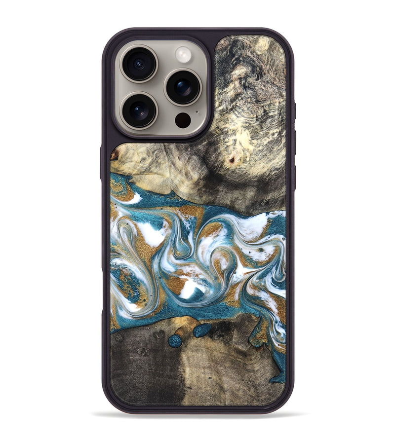 iPhone 16 Pro Max Wood Phone Case - Harlow (Teal & Gold, 827324)