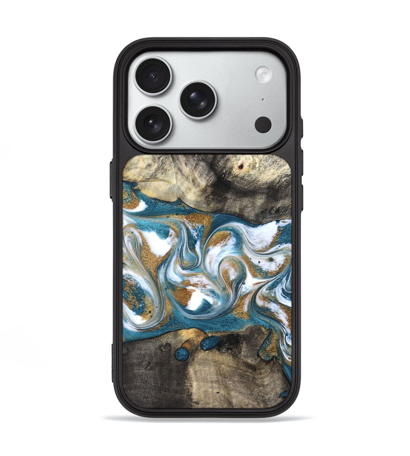 iPhone 18 Pro Wood Phone Case - Harlow (Teal & Gold, 827324)