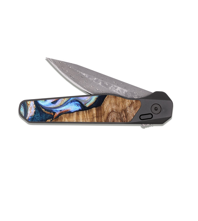 EDC Dark Damascus Wood Pocket Knife - Analia (Teal & Gold, 827432)