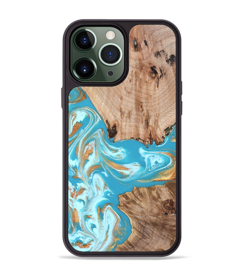iPhone 13 Pro Max Wood Phone Case - Ariana (Teal & Gold, 827433)