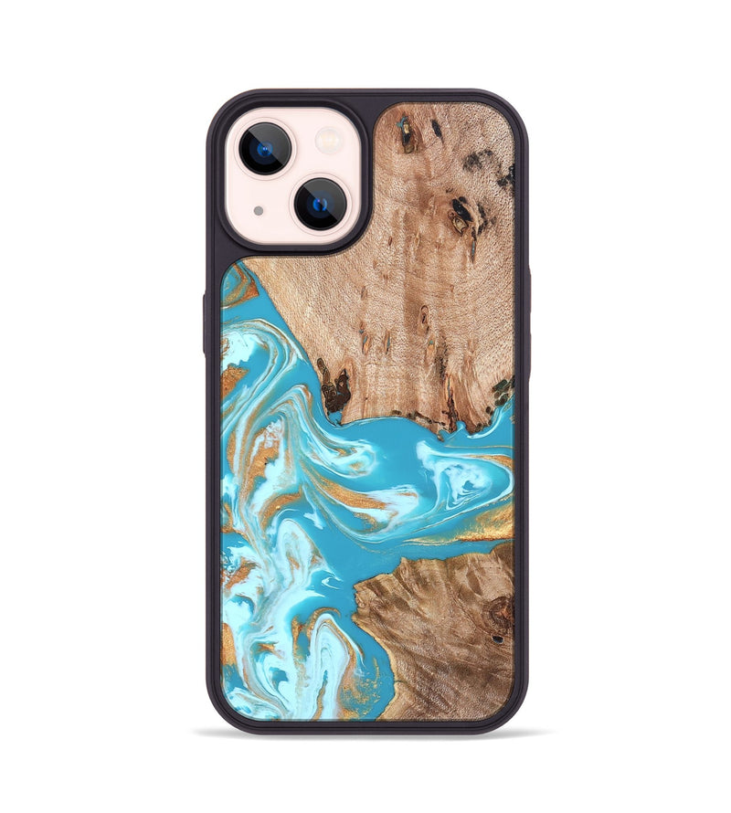 iPhone 14 Wood Phone Case - Ariana (Teal & Gold, 827433)