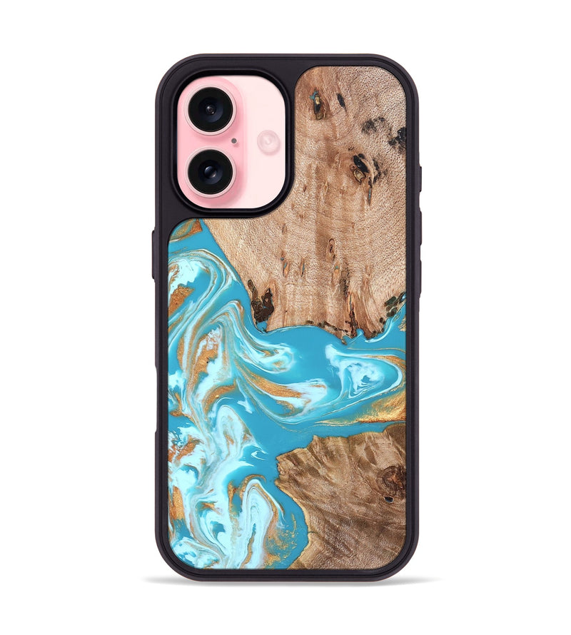 iPhone 16 Wood Phone Case - Ariana (Teal & Gold, 827433)
