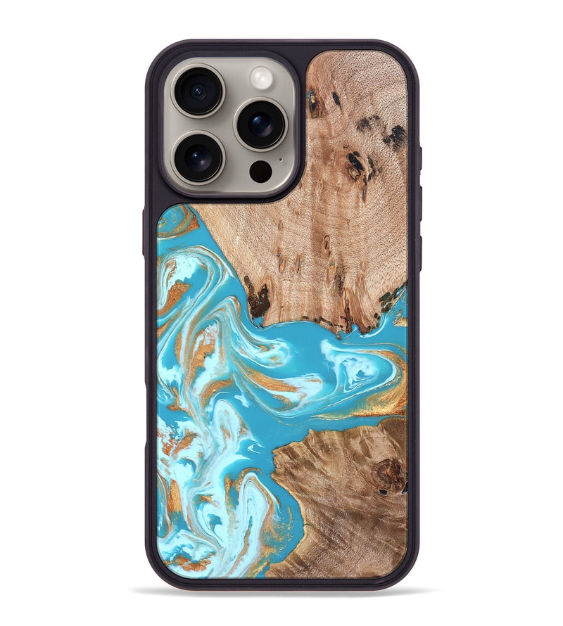 iPhone 16 Pro Max Wood Phone Case - Ariana (Teal & Gold, 827433)