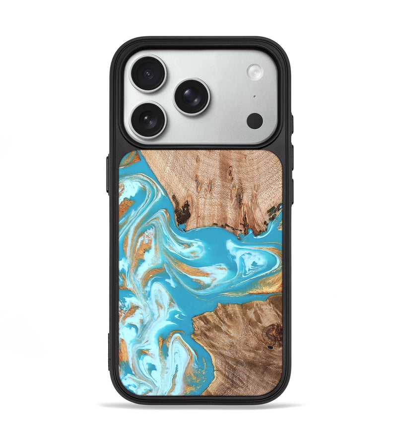 iPhone 18 Pro Wood Phone Case - Ariana (Teal & Gold, 827433)
