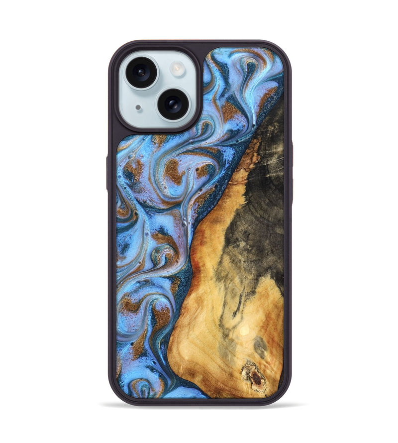 iPhone 15 Wood Phone Case - Dejah (Teal & Gold, 827434)