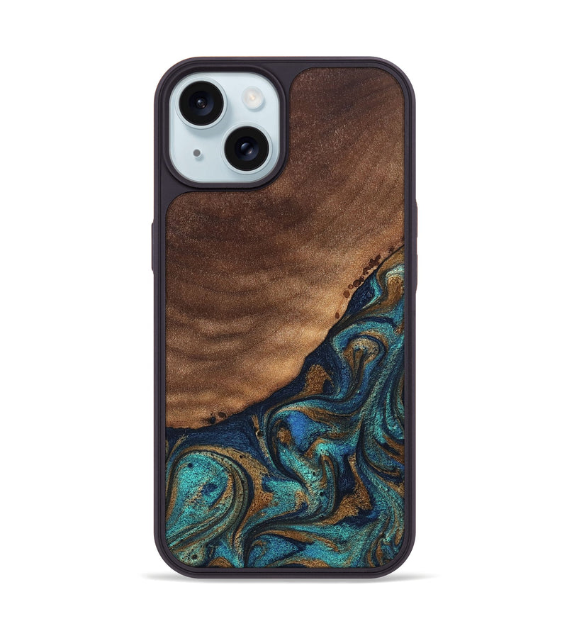 iPhone 15 Wood Phone Case - Marilee (Teal & Gold, 827435)