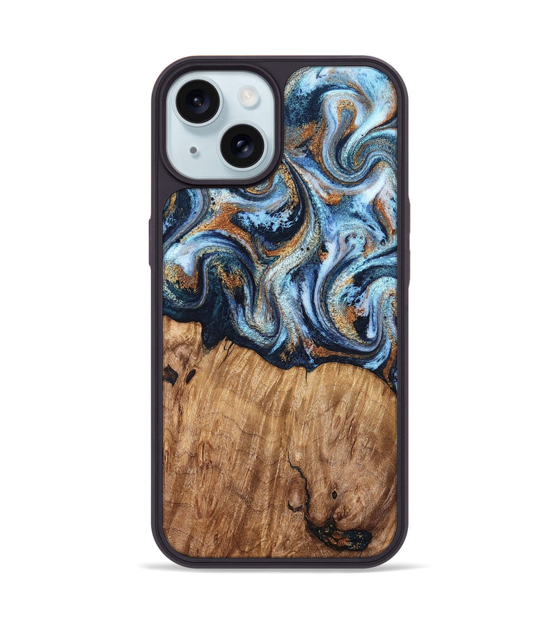 iPhone 15 Wood Phone Case - Mammie (Teal & Gold, 827486)