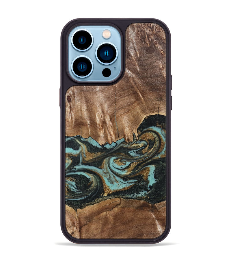 iPhone 14 Pro Max Wood Phone Case - Mittie (Teal & Gold, 827495)