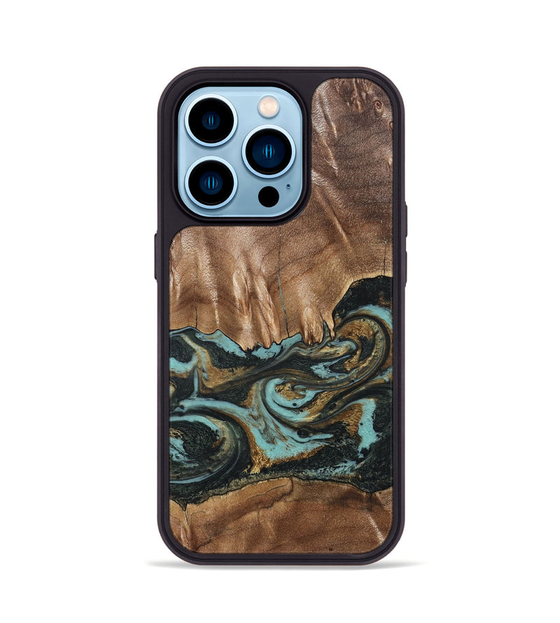 iPhone 14 Pro Wood Phone Case - Mittie (Teal & Gold, 827495)