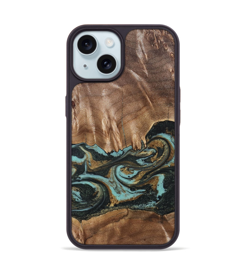 iPhone 15 Wood Phone Case - Mittie (Teal & Gold, 827495)