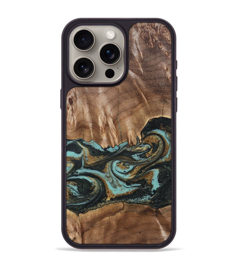 iPhone 15 Pro Max Wood Phone Case - Mittie (Teal & Gold, 827495)