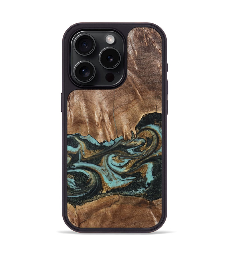 iPhone 15 Pro Wood Phone Case - Mittie (Teal & Gold, 827495)