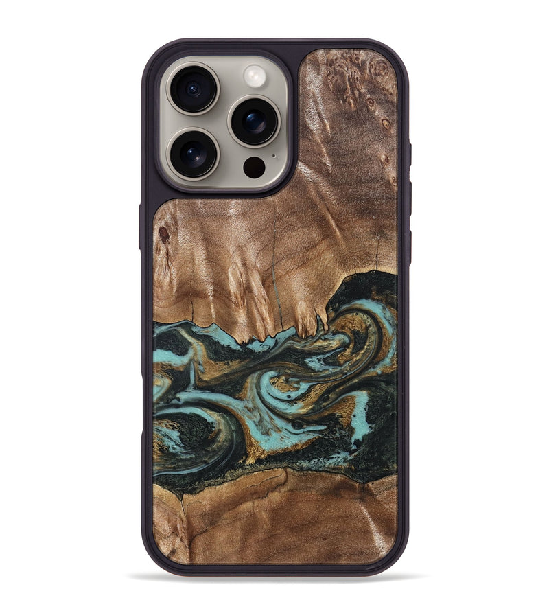 iPhone 16 Pro Max Wood Phone Case - Mittie (Teal & Gold, 827495)