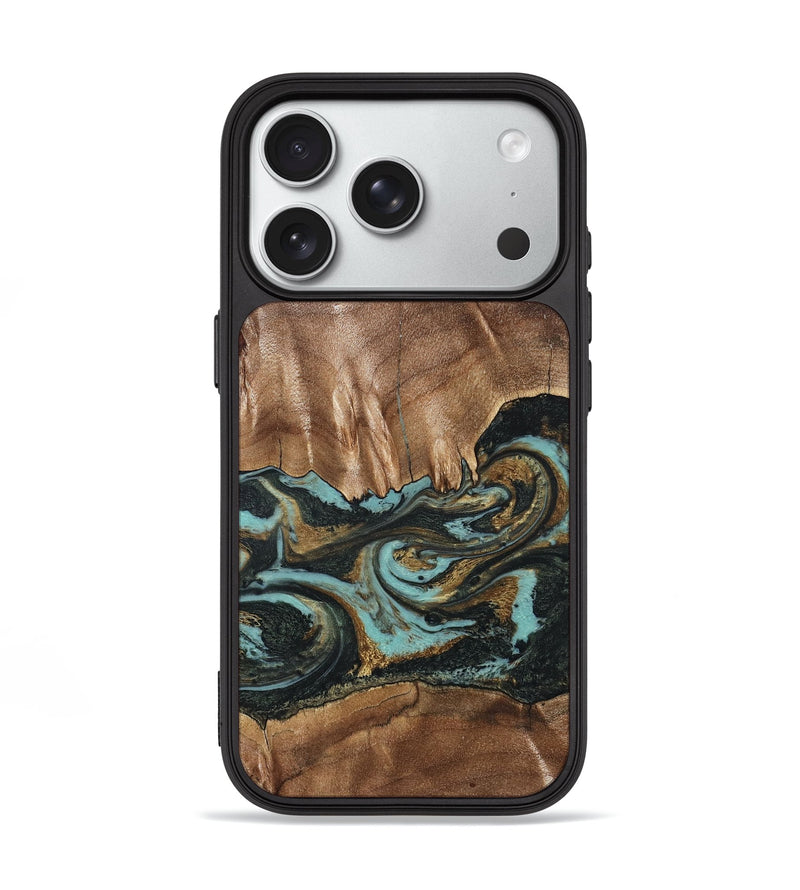 iPhone 18 Pro Wood Phone Case - Mittie (Teal & Gold, 827495)