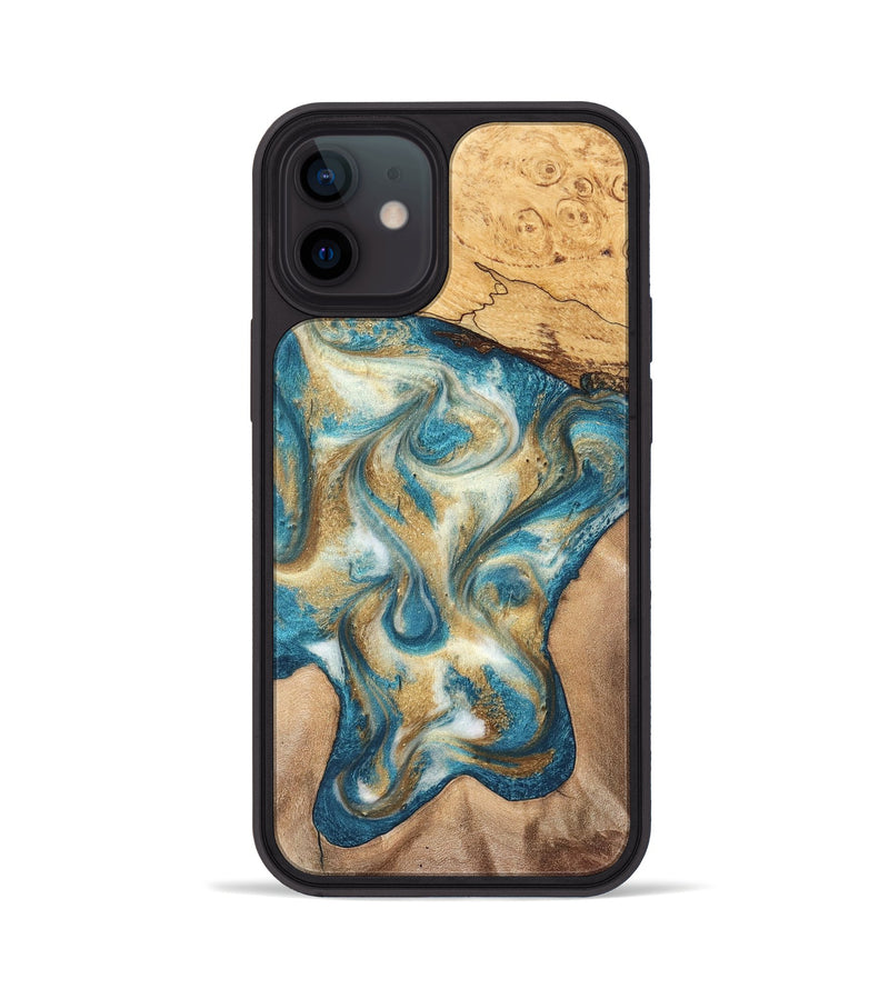 iPhone 12 Wood Phone Case - Braeden (Teal & Gold, 827502)