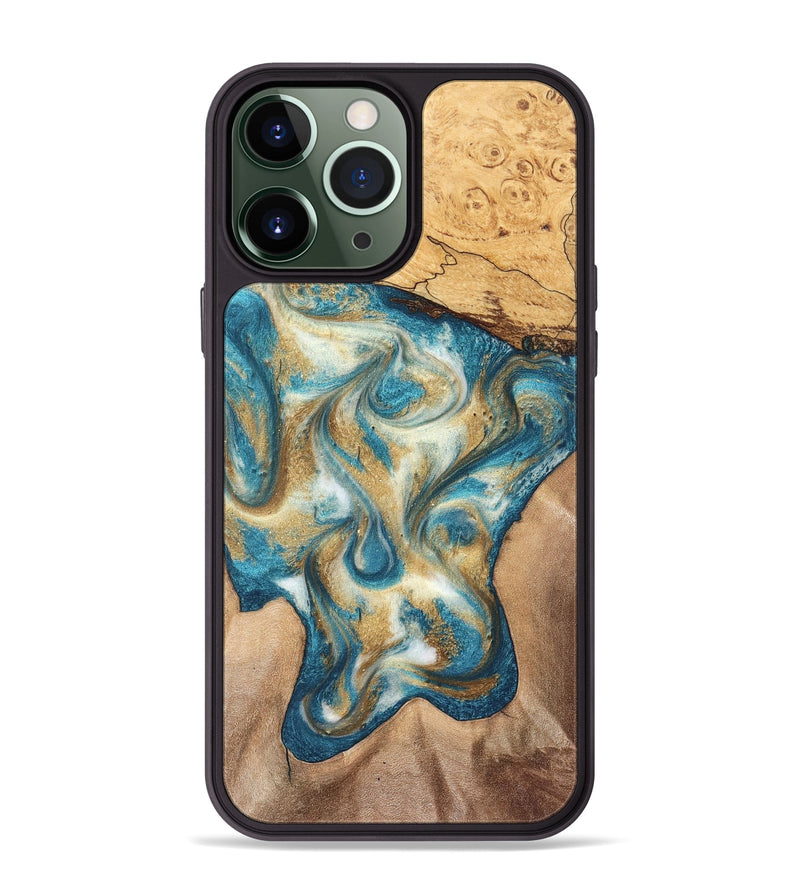 iPhone 13 Pro Max Wood Phone Case - Braeden (Teal & Gold, 827502)