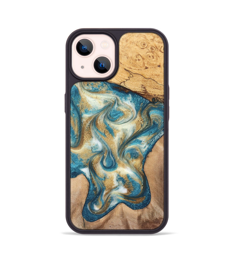 iPhone 14 Wood Phone Case - Braeden (Teal & Gold, 827502)