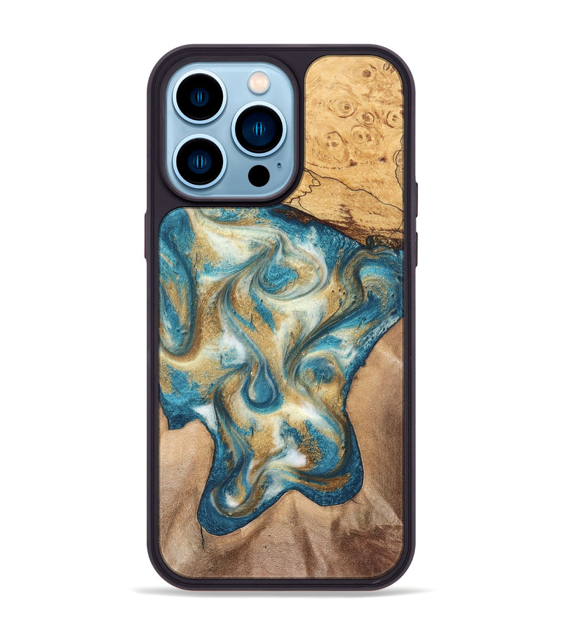 iPhone 14 Pro Max Wood Phone Case - Braeden (Teal & Gold, 827502)