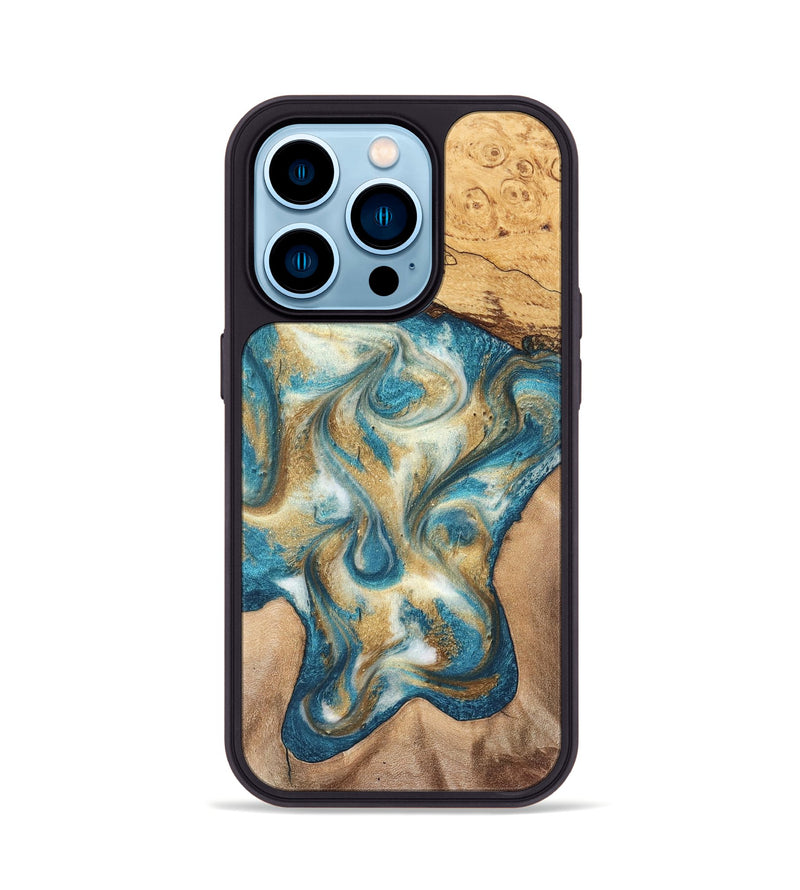 iPhone 14 Pro Wood Phone Case - Braeden (Teal & Gold, 827502)