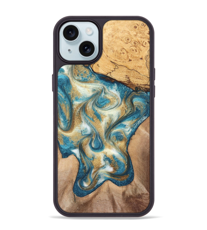 iPhone 15 Plus Wood Phone Case - Braeden (Teal & Gold, 827502)
