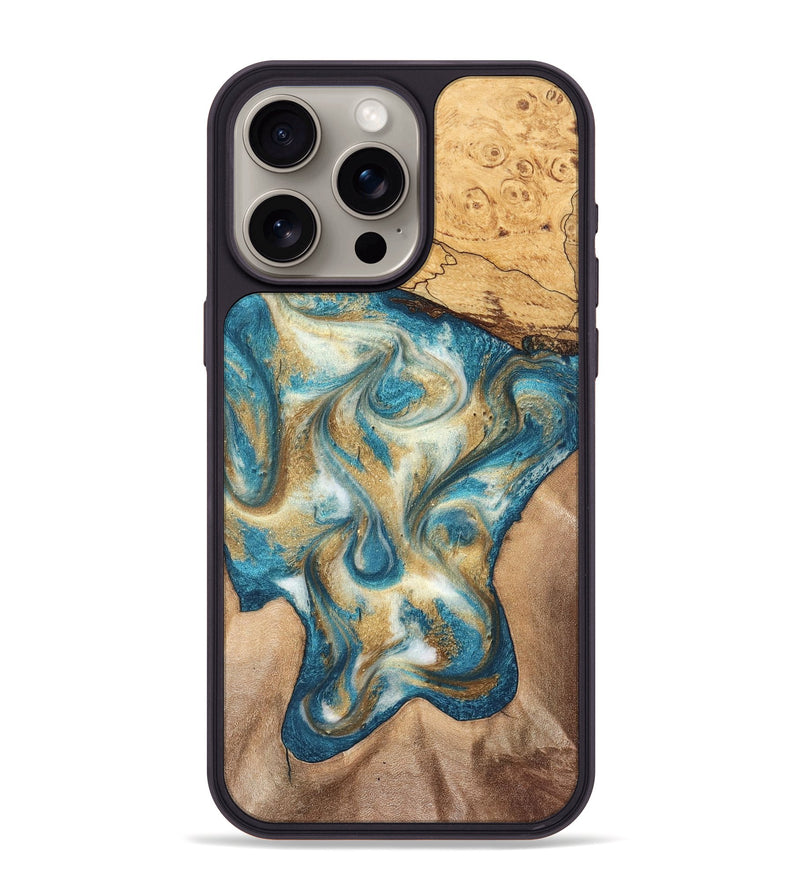 iPhone 15 Pro Max Wood Phone Case - Braeden (Teal & Gold, 827502)