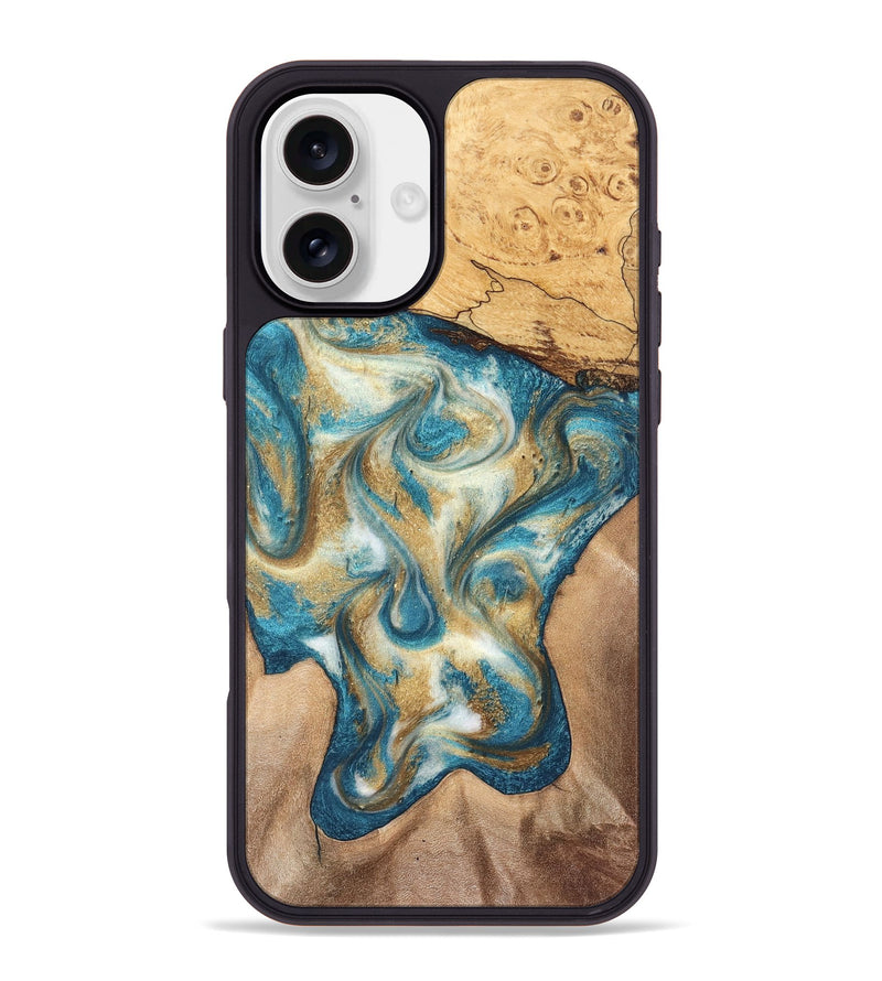iPhone 16 Plus Wood Phone Case - Braeden (Teal & Gold, 827502)