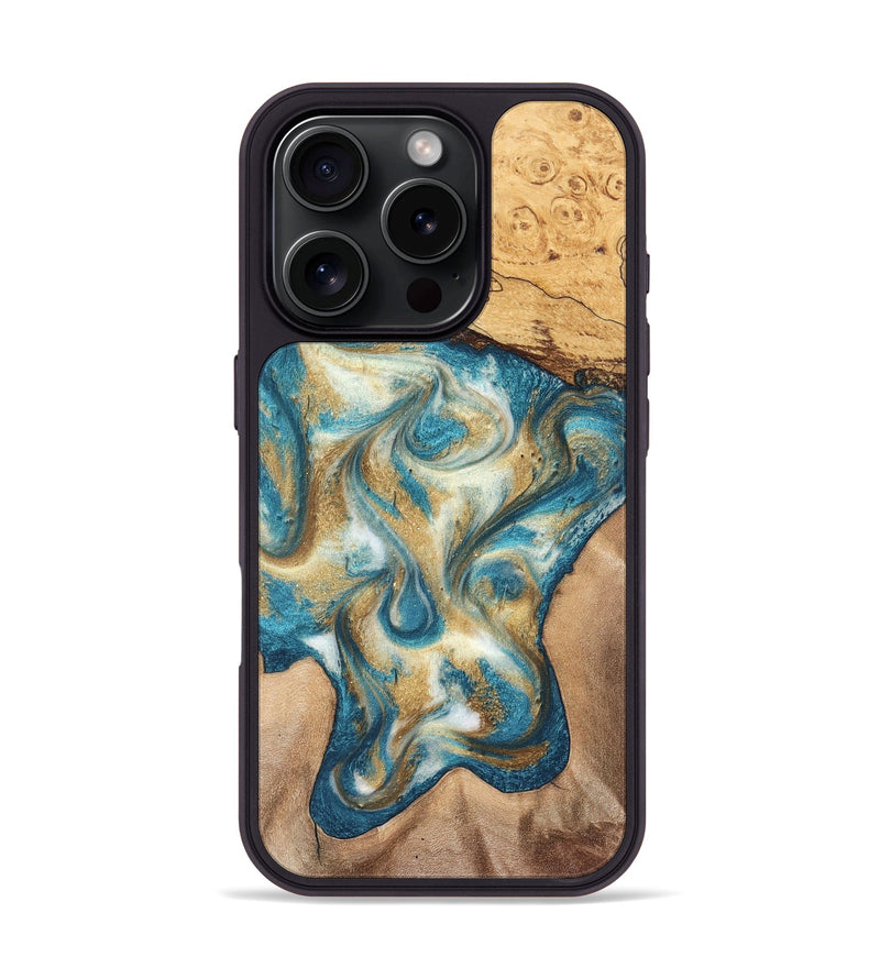 iPhone 16 Pro Wood Phone Case - Braeden (Teal & Gold, 827502)