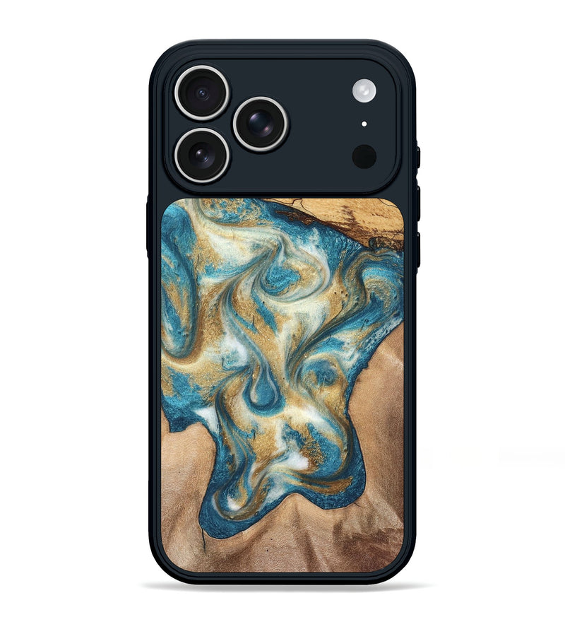 iPhone 17 Pro Max Wood Phone Case - Braeden (Teal & Gold, 827502)