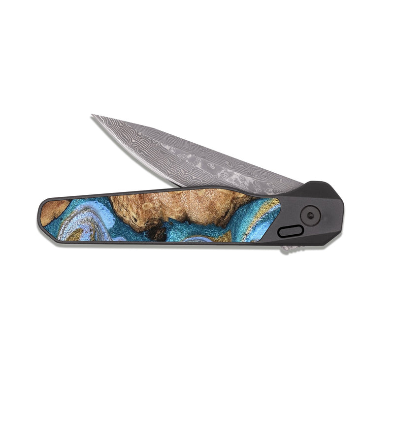 EDC Dark Damascus Wood Pocket Knife - Kia (Teal & Gold, 827504)