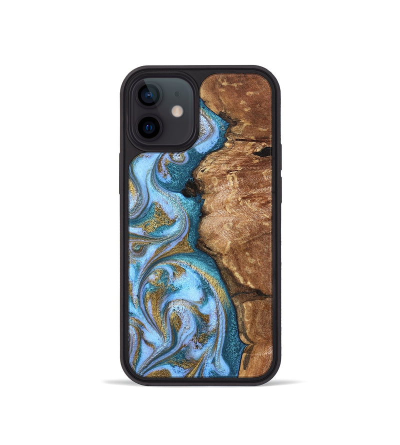 iPhone 12 mini Wood Phone Case - Kia (Teal & Gold, 827504)