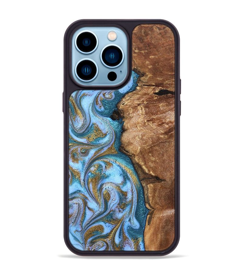 iPhone 14 Pro Max Wood Phone Case - Kia (Teal & Gold, 827504)