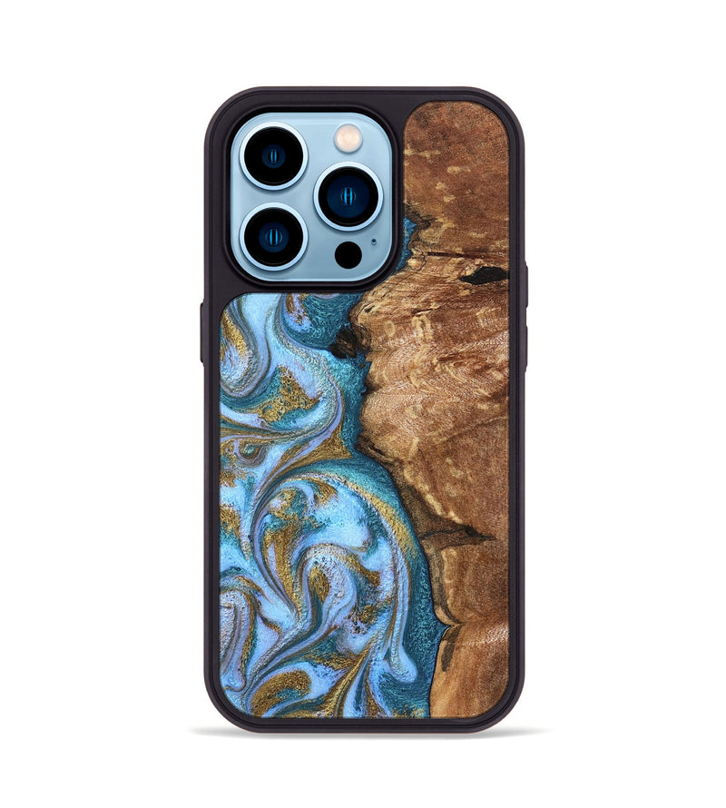 iPhone 14 Pro Wood Phone Case - Kia (Teal & Gold, 827504)