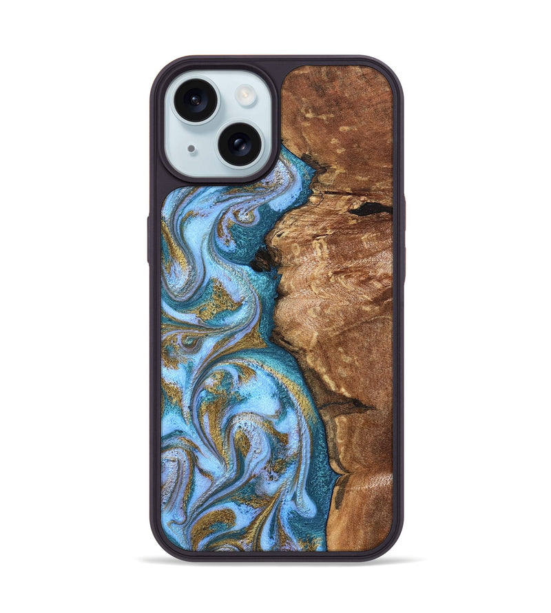 iPhone 15 Wood Phone Case - Kia (Teal & Gold, 827504)