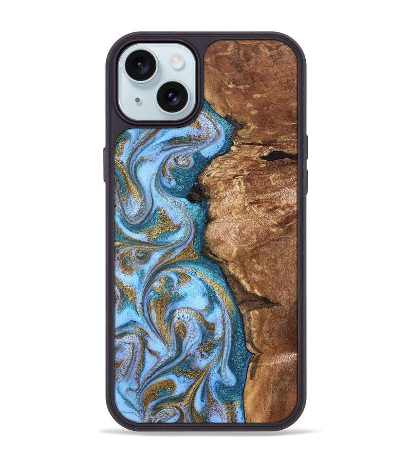 iPhone 15 Plus Wood Phone Case - Kia (Teal & Gold, 827504)