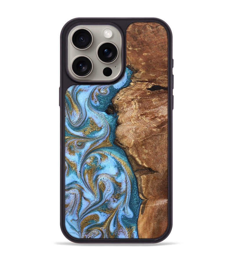 iPhone 15 Pro Max Wood Phone Case - Kia (Teal & Gold, 827504)