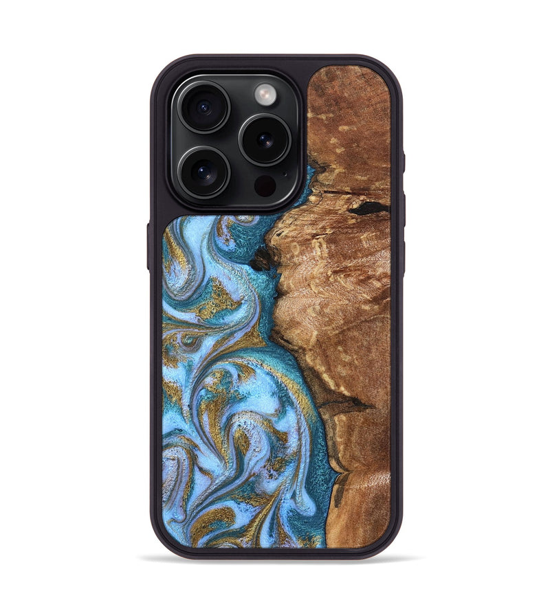 iPhone 15 Pro Wood Phone Case - Kia (Teal & Gold, 827504)