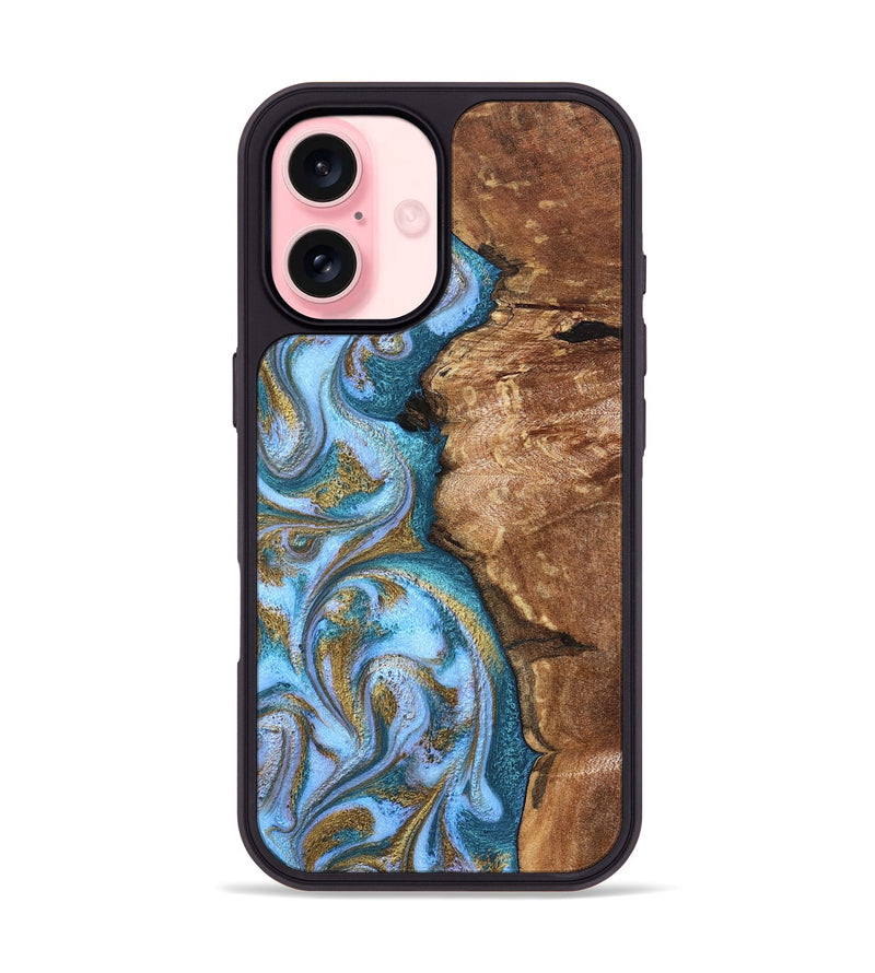iPhone 16 Wood Phone Case - Kia (Teal & Gold, 827504)