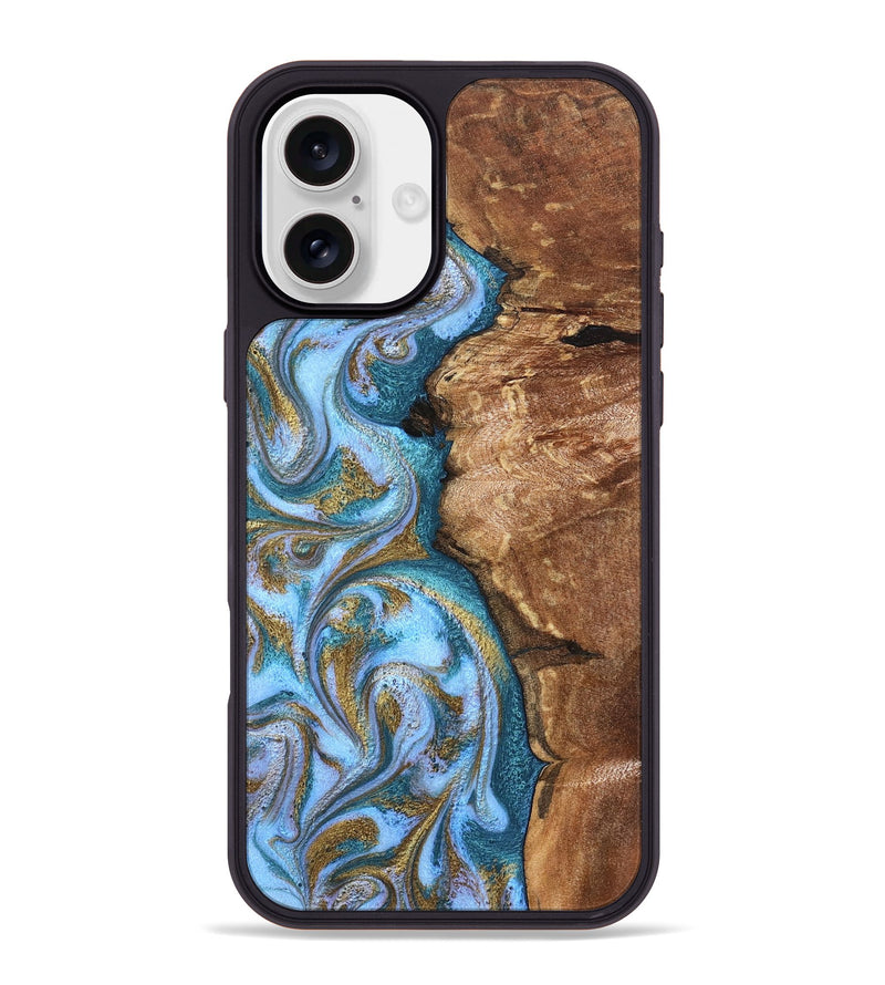 iPhone 16 Plus Wood Phone Case - Kia (Teal & Gold, 827504)