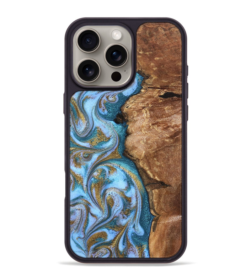 iPhone 16 Pro Max Wood Phone Case - Kia (Teal & Gold, 827504)