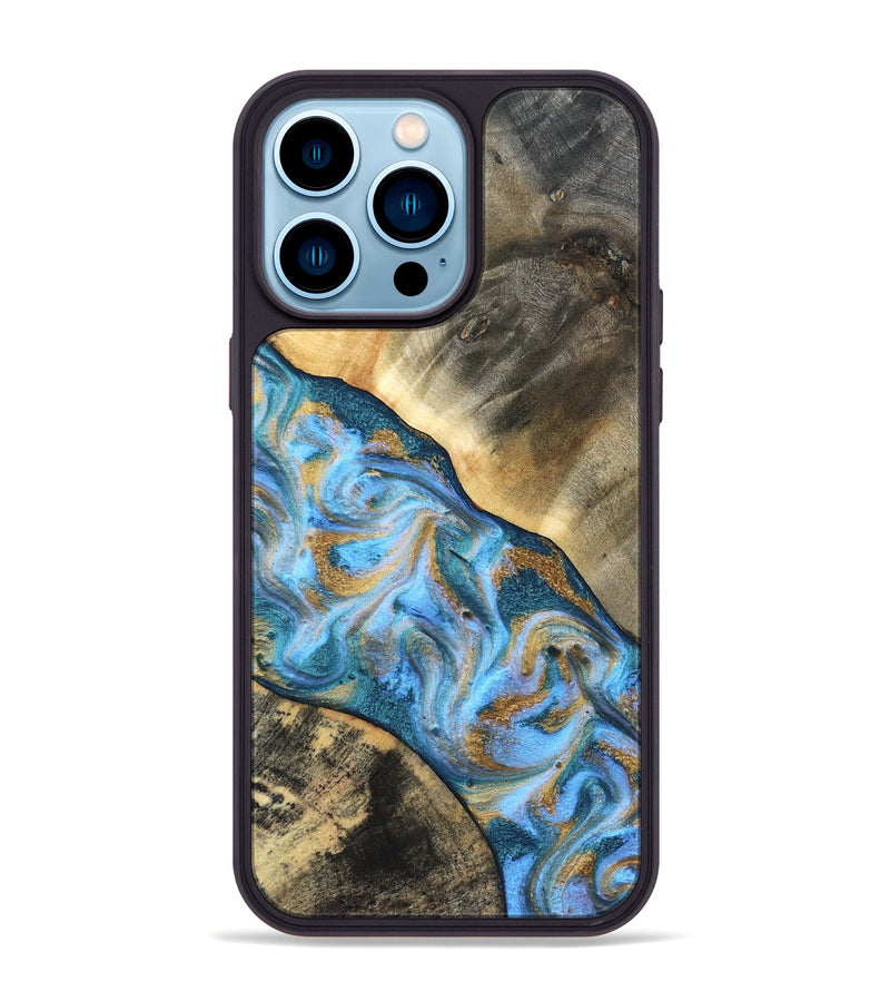 iPhone 14 Pro Max Wood Phone Case - Ayden (Teal & Gold, 827505)