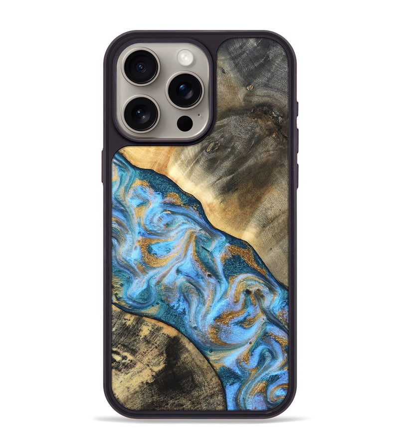 iPhone 15 Pro Max Wood Phone Case - Ayden (Teal & Gold, 827505)