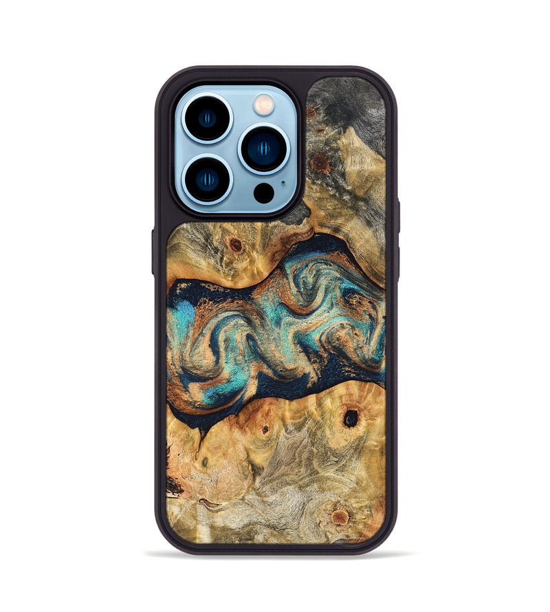 iPhone 14 Pro Wood Phone Case - Besse (Teal & Gold, 827506)