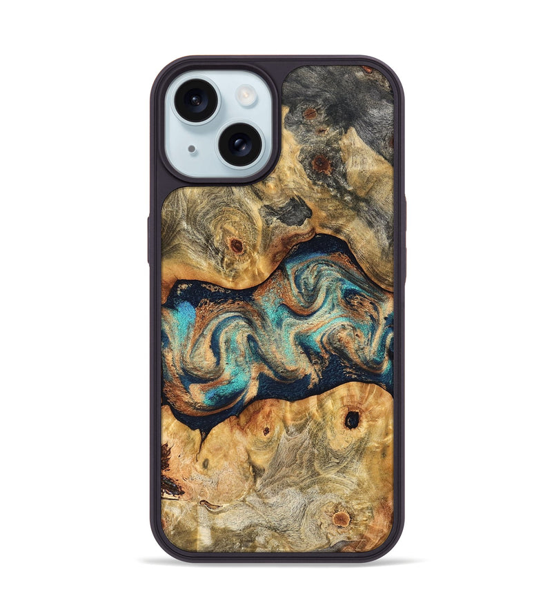 iPhone 15 Wood Phone Case - Besse (Teal & Gold, 827506)