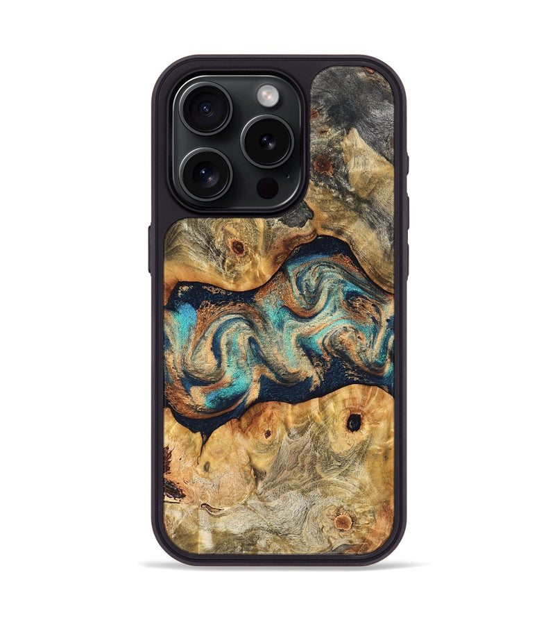 iPhone 15 Pro Wood Phone Case - Besse (Teal & Gold, 827506)