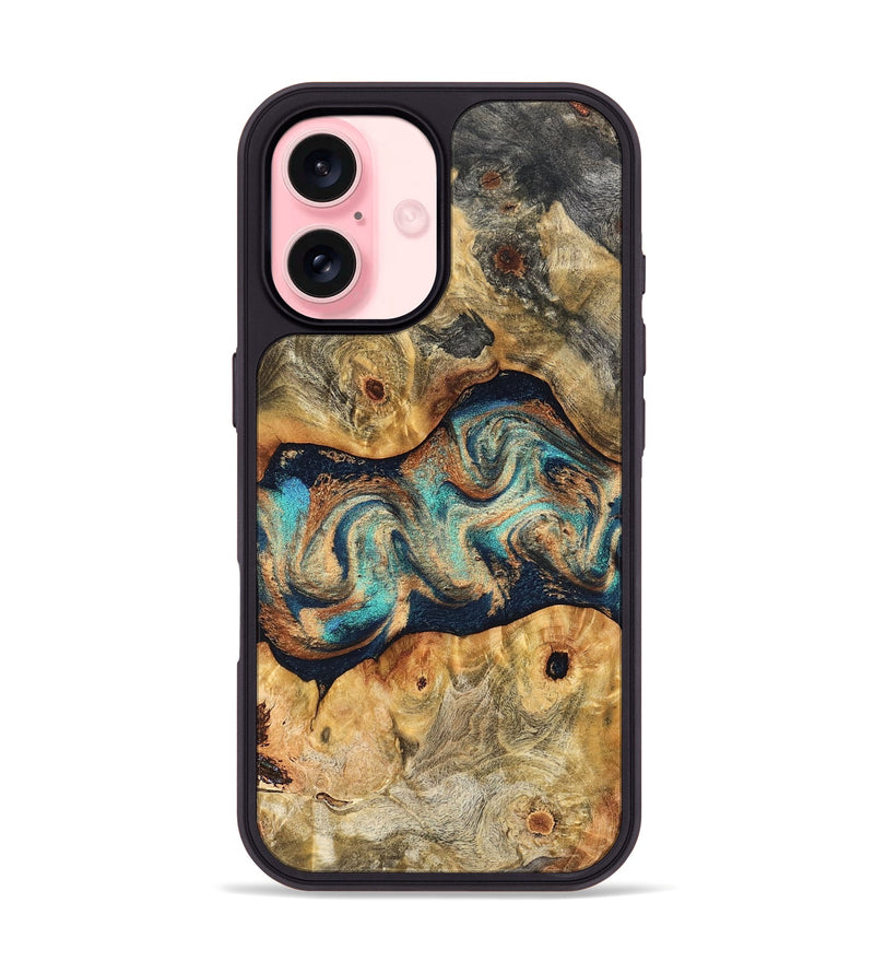 iPhone 16 Wood Phone Case - Besse (Teal & Gold, 827506)