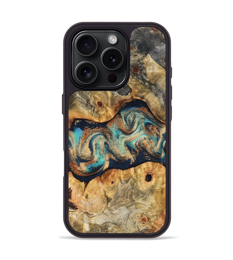 iPhone 16 Pro Wood Phone Case - Besse (Teal & Gold, 827506)