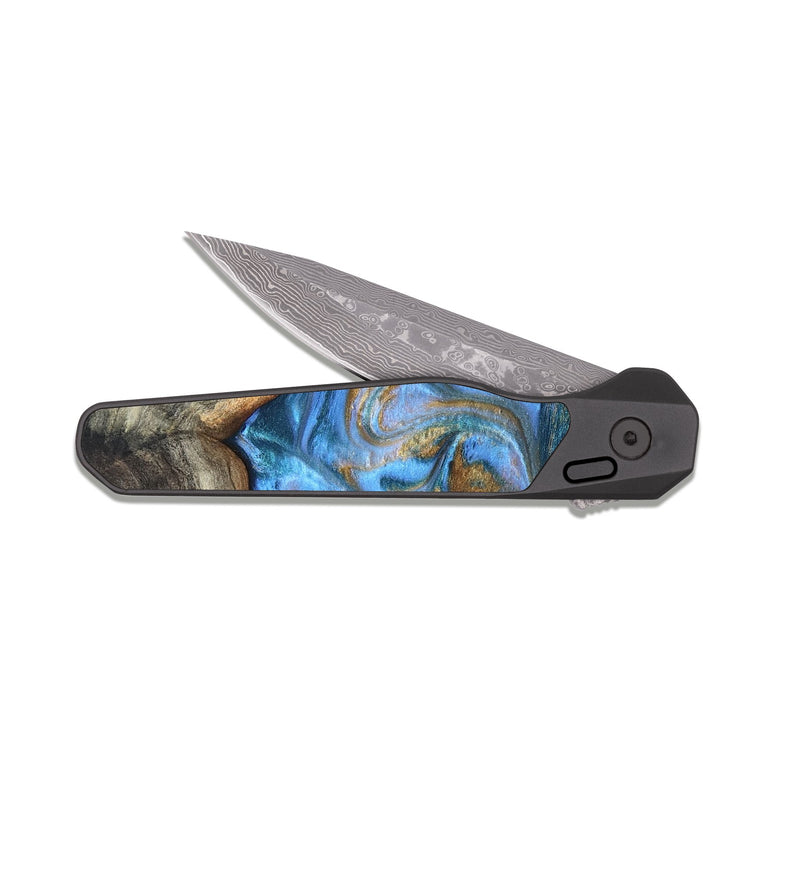 EDC Dark Damascus Wood Pocket Knife - Jaimie (Teal & Gold, 827507)