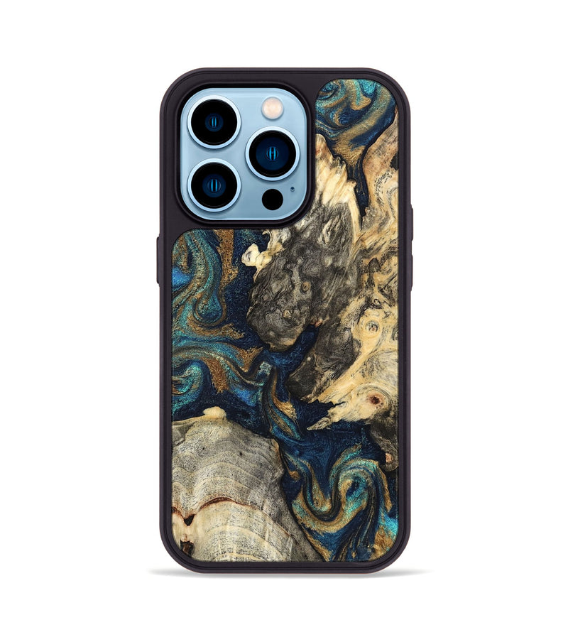 iPhone 14 Pro Wood Phone Case - Leander (Teal & Gold, 827508)